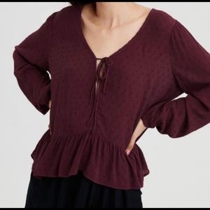 American Eagle Burgundy Tie Front Blouse (S)